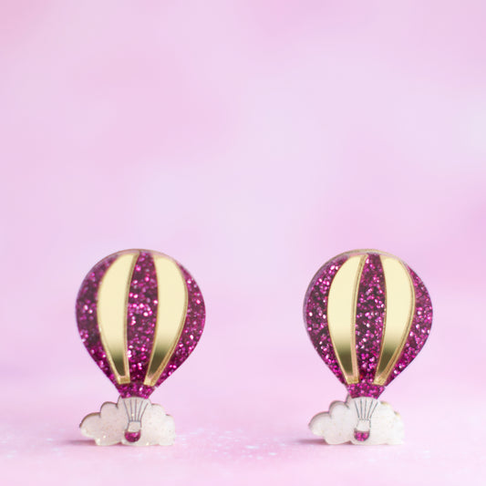 Hot Air Balloon Stud Earrings (Gold and Purple)