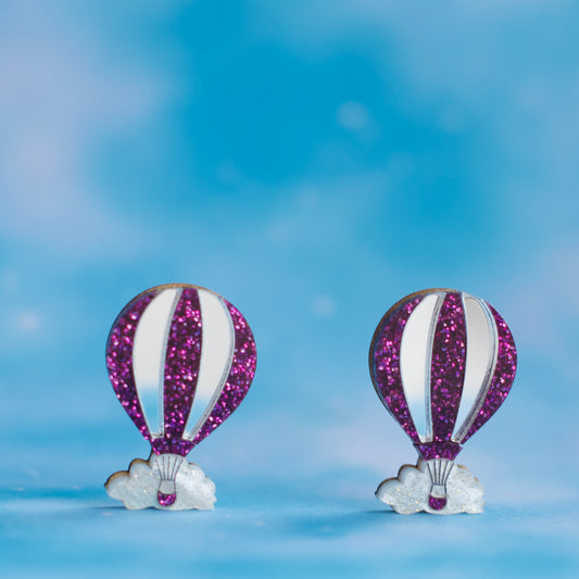 Hot Air Balloon Stud Earrings (Silver and Purple)